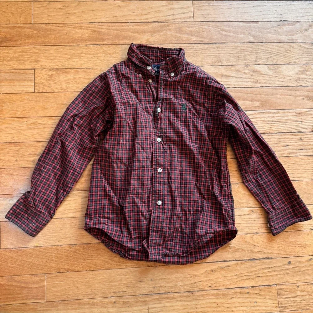 Ralph Lauren Kids Boys Red Green Plaid Button Down Shirt Size 5 Cotton Pony Logo